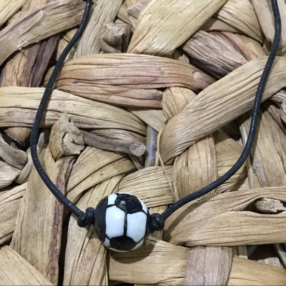 Handmade Soccer ball ceramic leather necklace